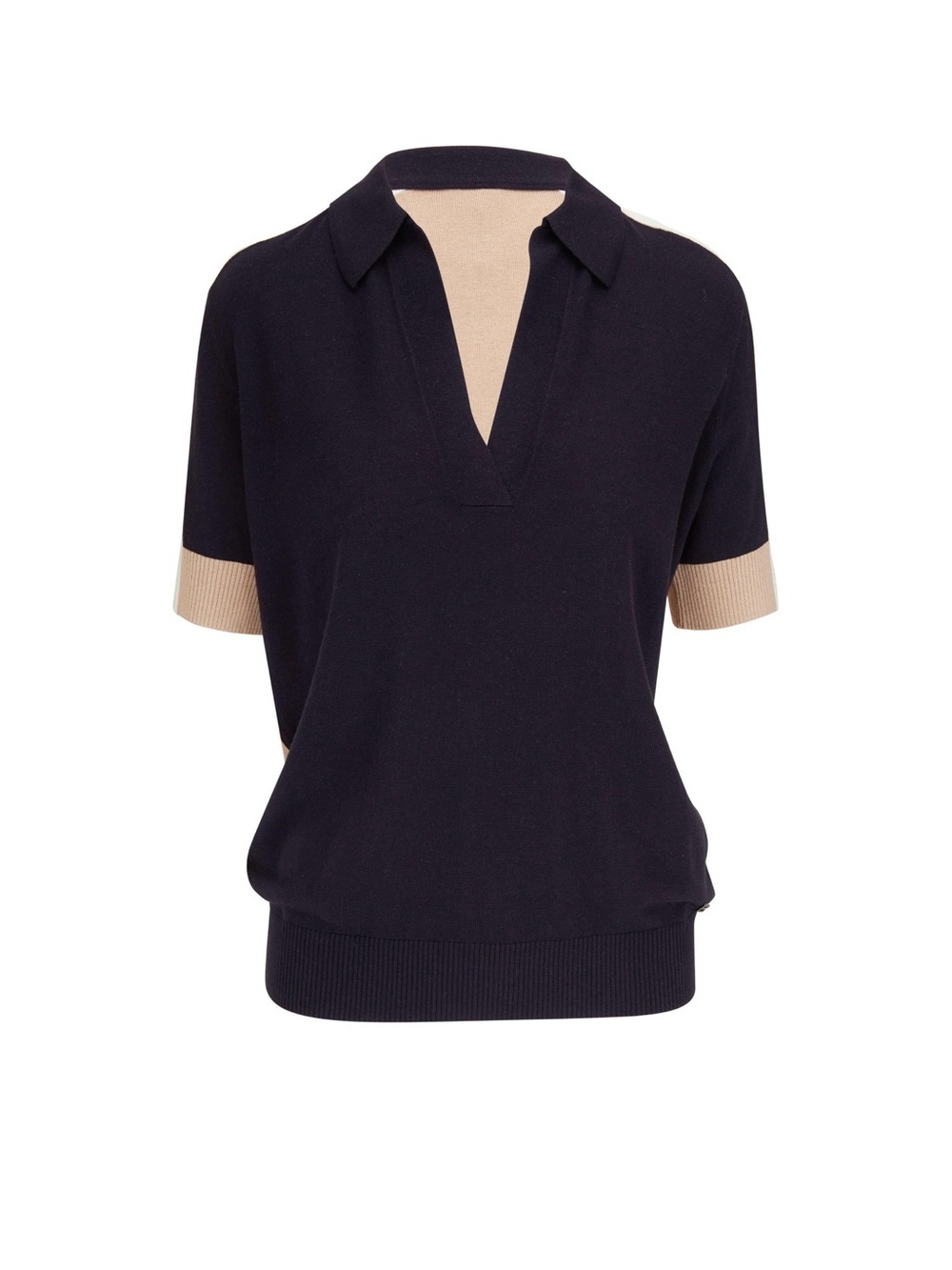 Bogner Celin Navy and Tan Short Sleeve V-Neck Knit Polo